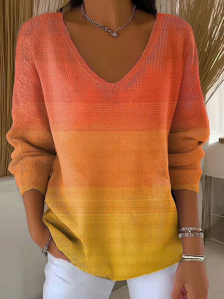 Women's Autumn Gradient Striped Casual Pullover Sweater