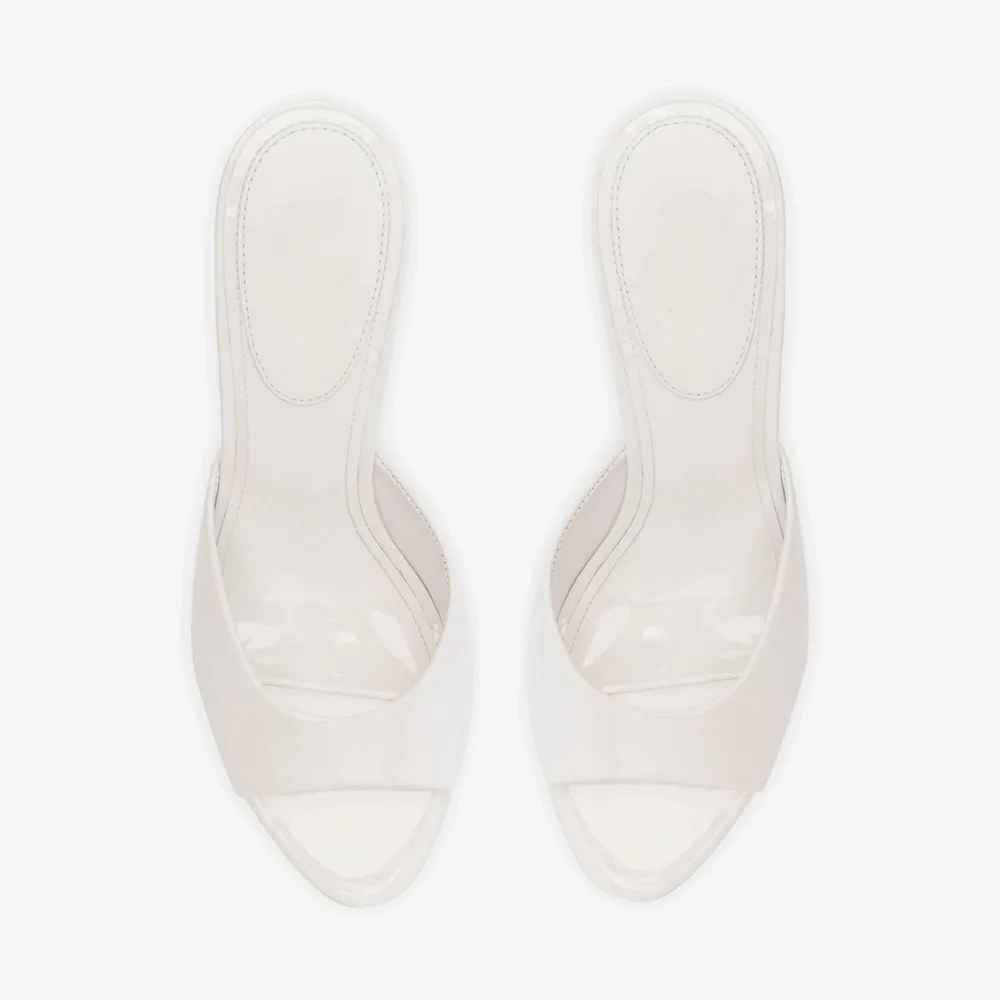 Patent Stiletto Heel Open Round Toe Slip-On Mules for Women in White