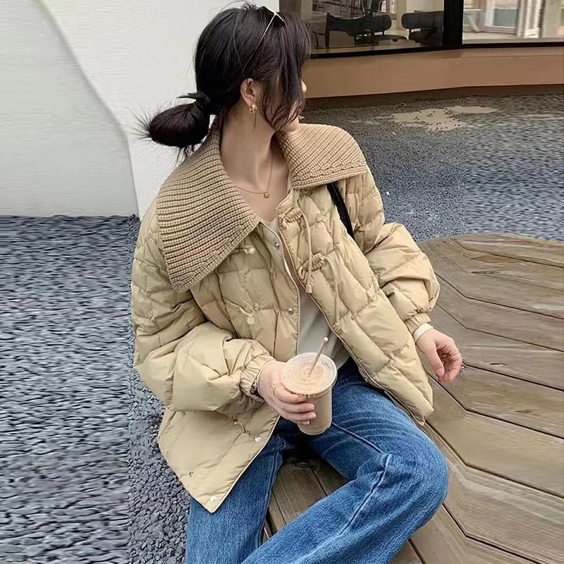 Toloer Knit Big Lapel Short Style Down Jacket Female 2024 Winter Art Retro Double Plate Buckle Warm White Duck Down Coat Tide-Outfit Ideas