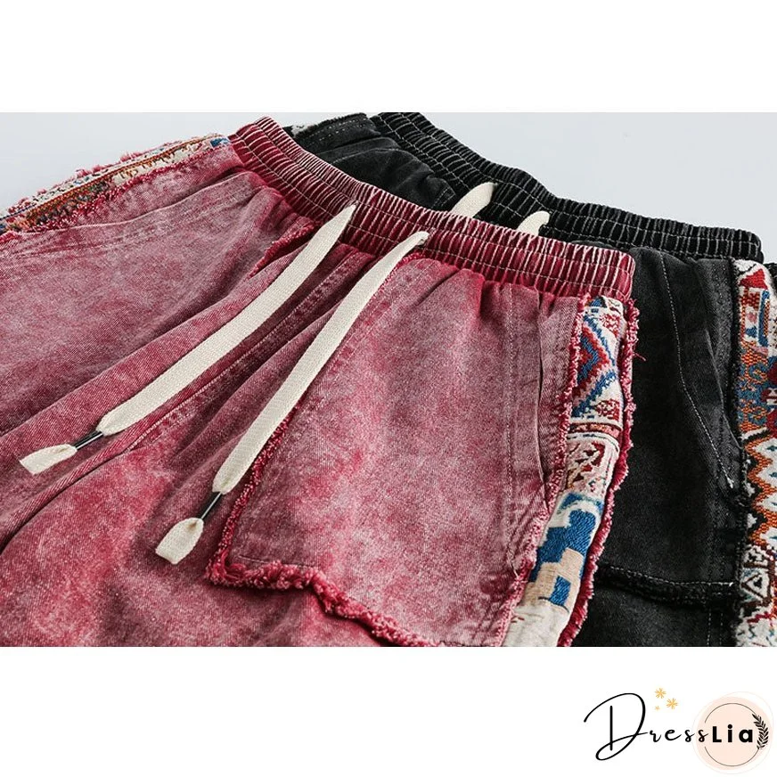 Ethnic Style Denim Patchwork Drawstring Shorts