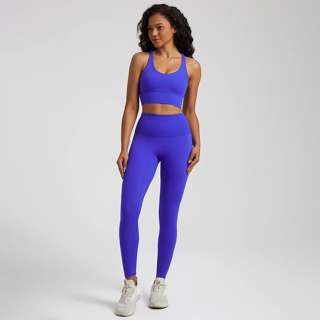 Solid color high elastic back cross over bra+sports leggings 2-piece set