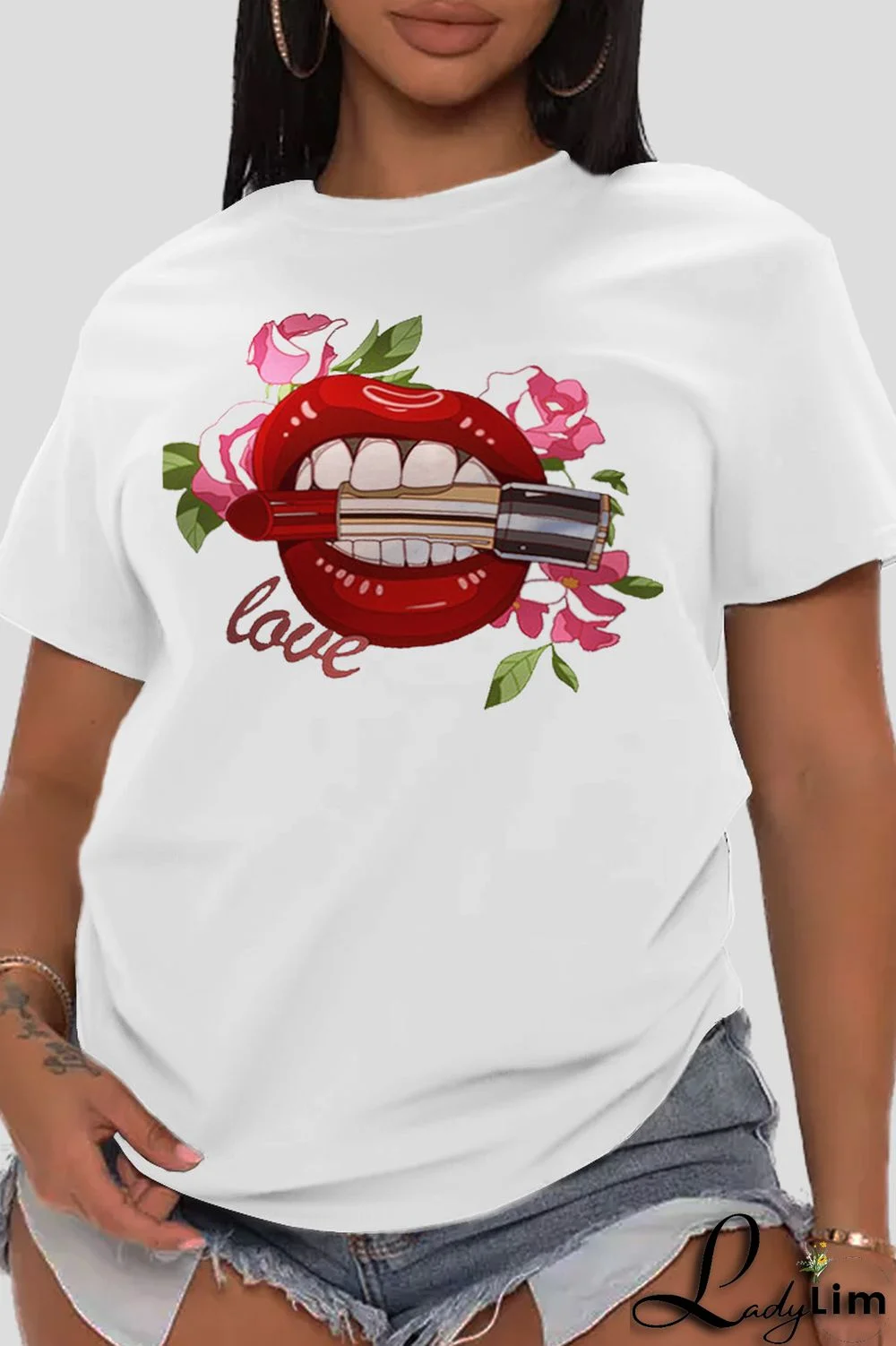 White Fashion Street Lips Printed Split Joint O Neck T-Shirts