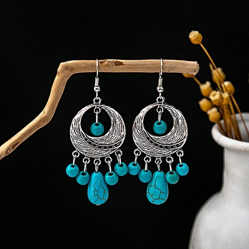 Bohemian Blue Turquoise National Style Earrings Imitation Miao Silver Metal Earrings Vintage Tassel Earrings