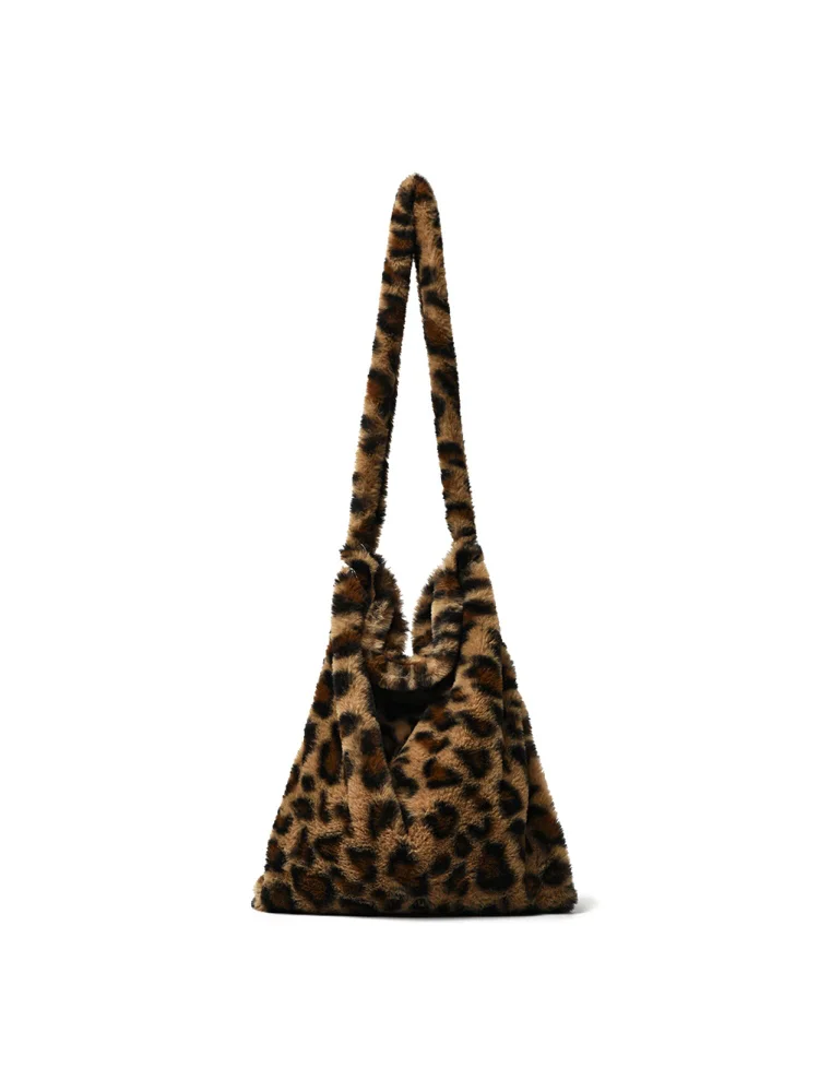Retro Plush Messenger Bag Big Capacity Women Shoulder Tote (L Leopard)