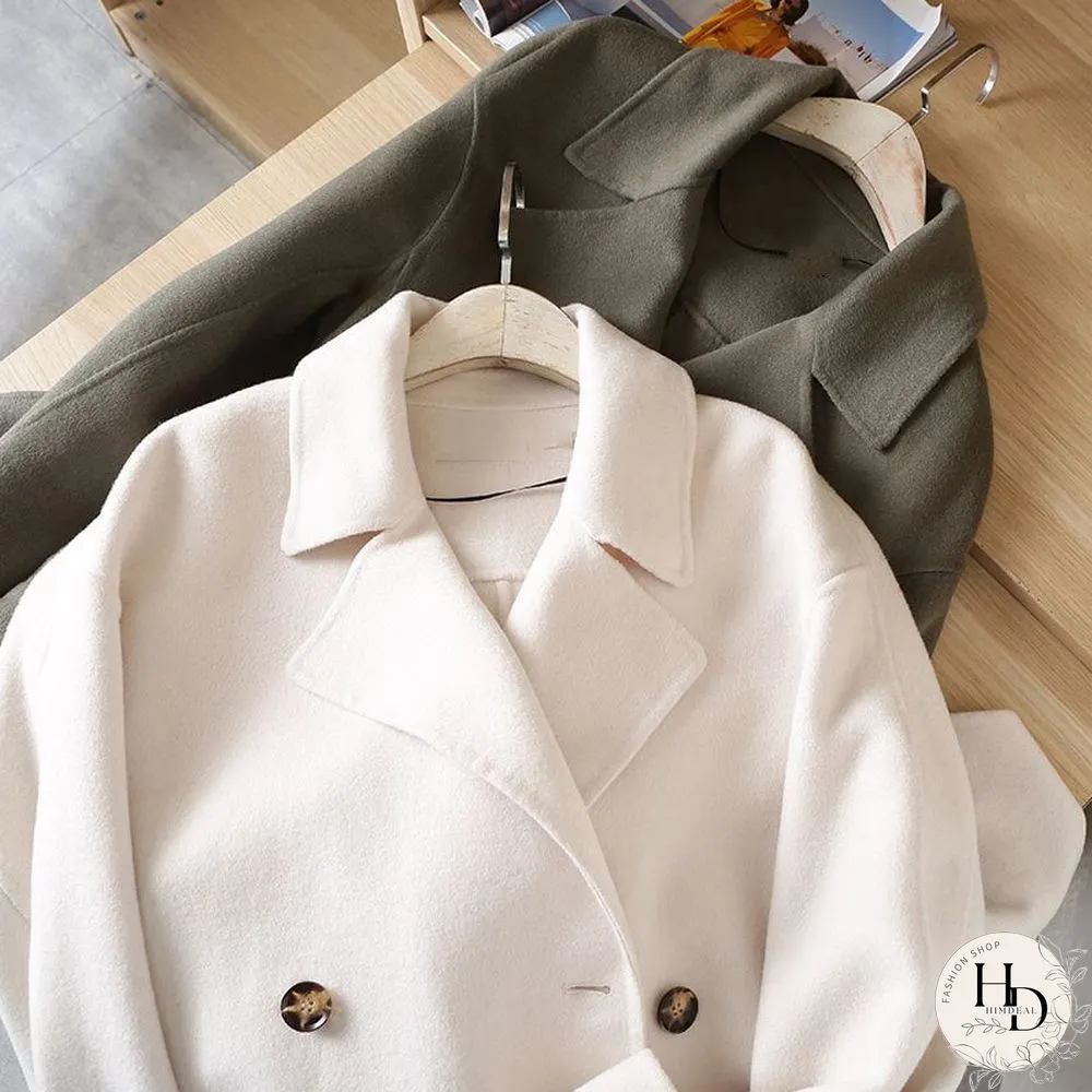Autumn Winter Womens Warm Woolen Treach Coat Vintage Olive Green Long Outwear Female