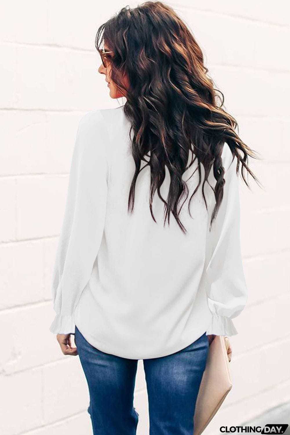 Frilled Mock Neck Balloon Sleeve Blouse