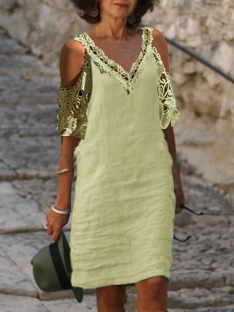 Women's Floral Lace Hollow V-Neck Short Sleeve Maxi Dress