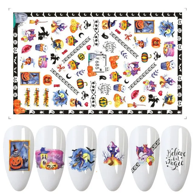 Nail Stickers Back Glue Halloween Skull Pumpkin Christmas Snowman Snowflake Designs Nail Decal Decoration Tips For Beauty Salons-Nail Inspo