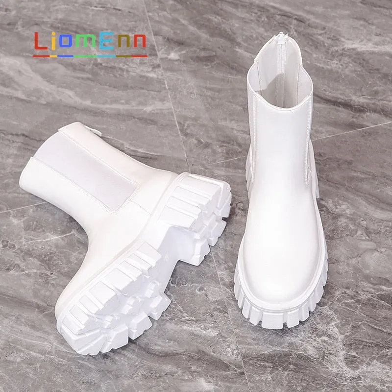 Women's White Ankle Boots 2021 Ladies Chunky Chelsea Boots Female Shoes Black Platform Motorcycle Boots Designer Punk Gothic