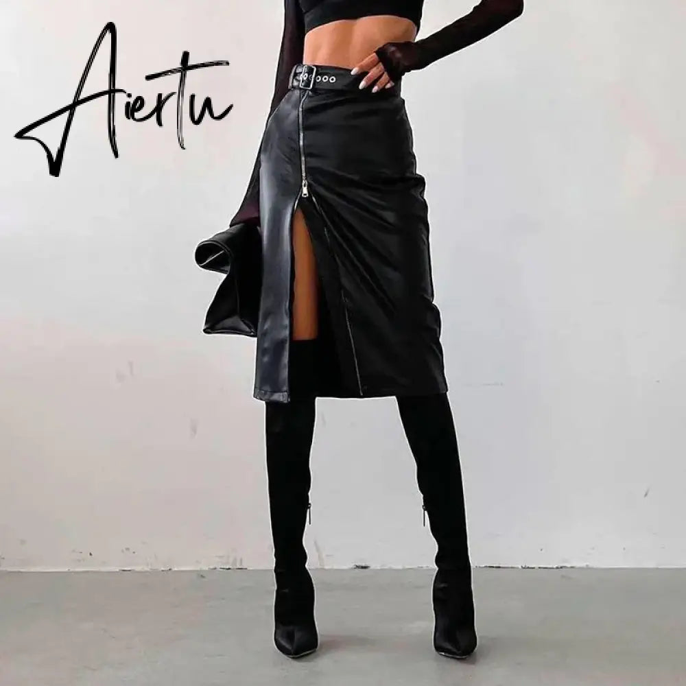 Black PU Leather High Waist Pencil Skirts Vintage Grunge Women Streetwear Zipper High Split Bodycon Midi Skirt with Belt Aiertu
