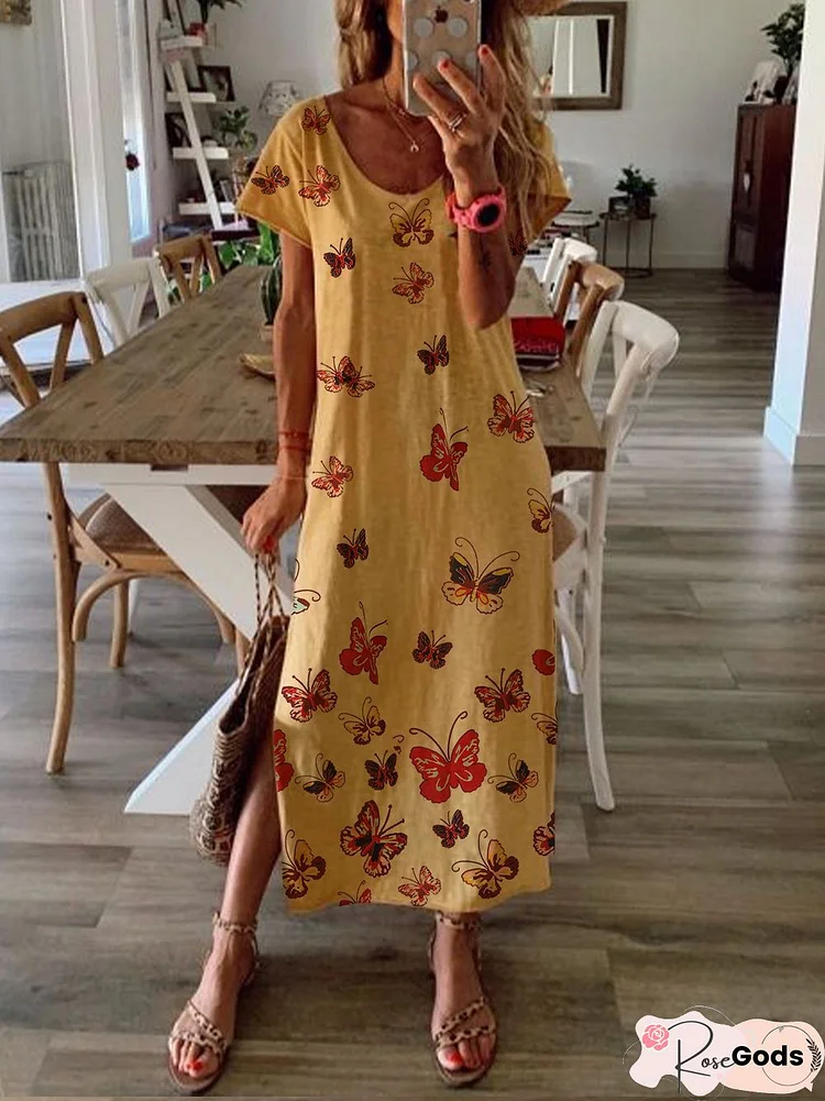 Printed Summer Maxi Dress Crew Neck Women Weaving Dress