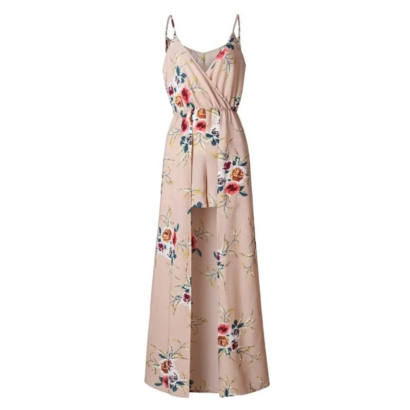 2021 Fashion Bohemia Split Long Maxi Dress Womens Rose Printed Boho Beach Shorts Irregular Hem Party Dresses Wholesale