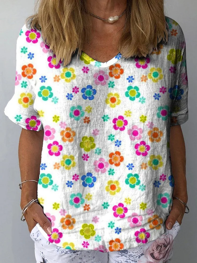 Retro Summer Floral Pattern Printed Women's Casual Cotton And Linen Shirt