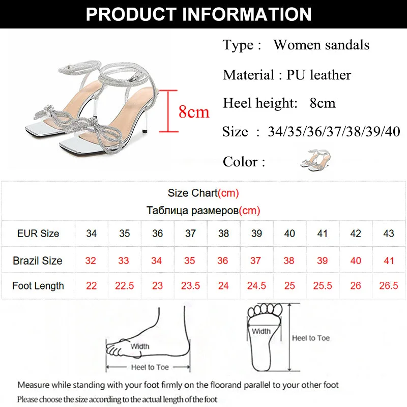 Women Sexy Stiletto High Heels Crystal Sandals Fashion Rhinestone Bowknot Party Shoes Woman Summer Ankle Strap Sandalias