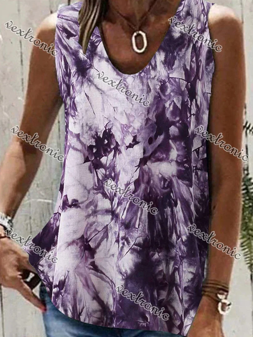 Women's Purple V-neck Sleeveless Graphic Floral Printed Top