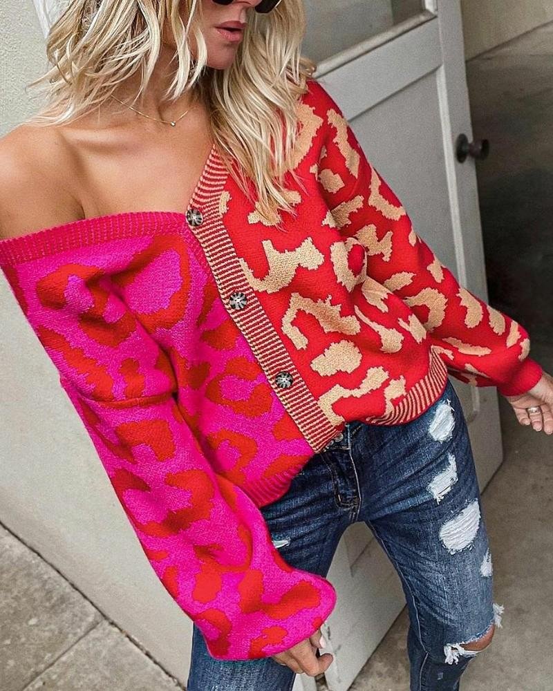 Cheetah Pattern Print Colorblock Button Decor Cardigan | EGEMISS