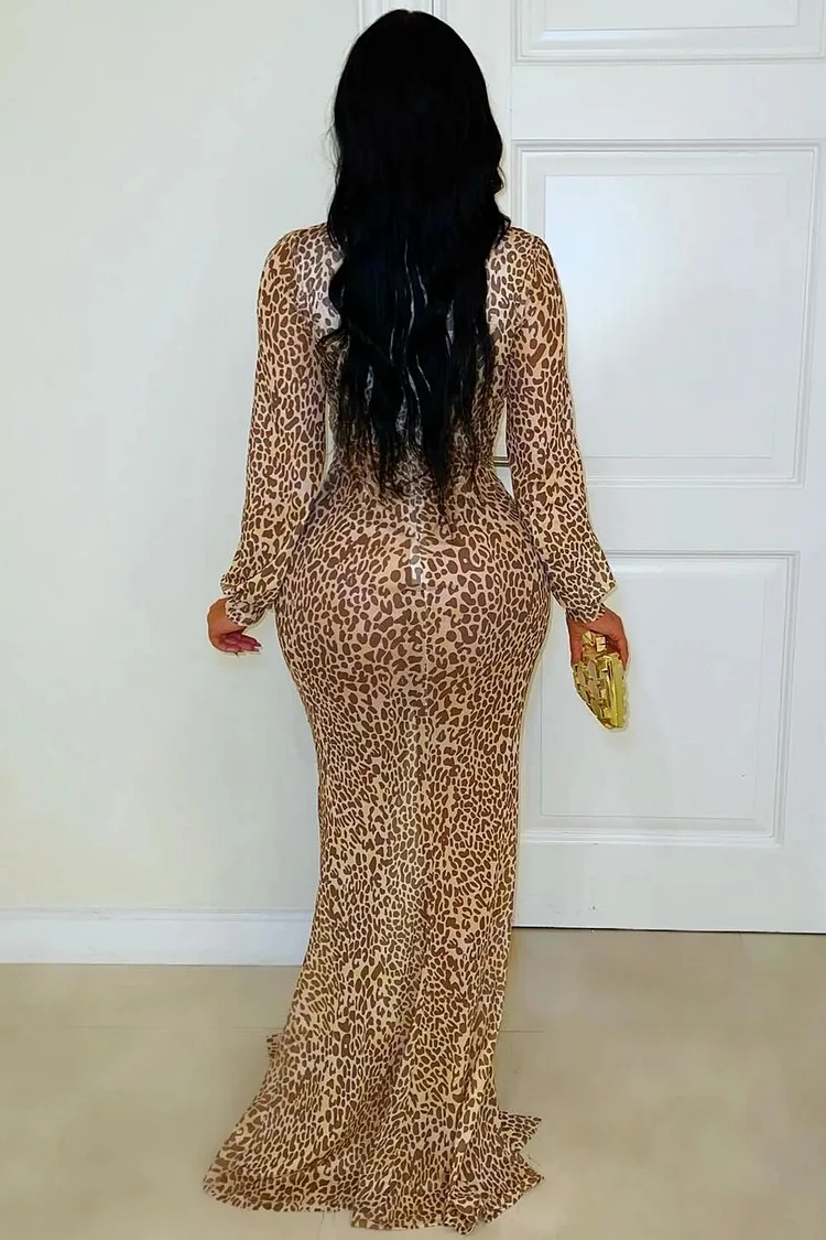 Deep V Neck Leopard Print Slit Bodycon Maxi Dresses-Beige [Pre Order]