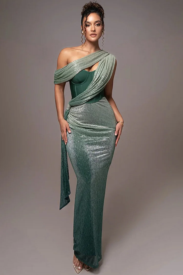 Draped One Shoulder Glitter Bodycon Maxi Dress-Green