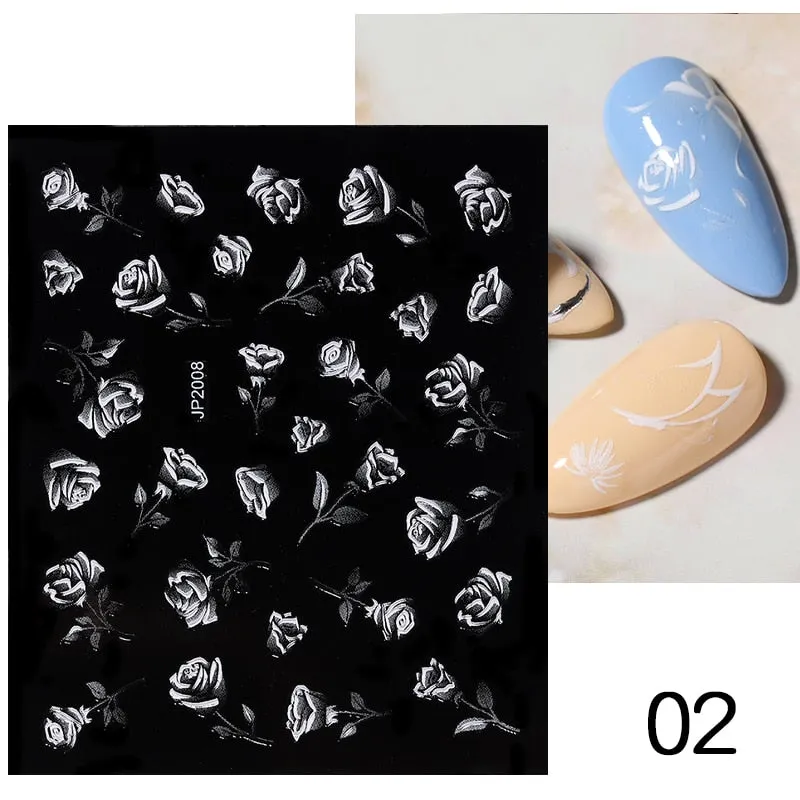 1 Sheet White Embossed Flower Lace Sticker Decal Wedding Nail Art Designs Floral Butterfly Japanese Manicures Nail Decoration