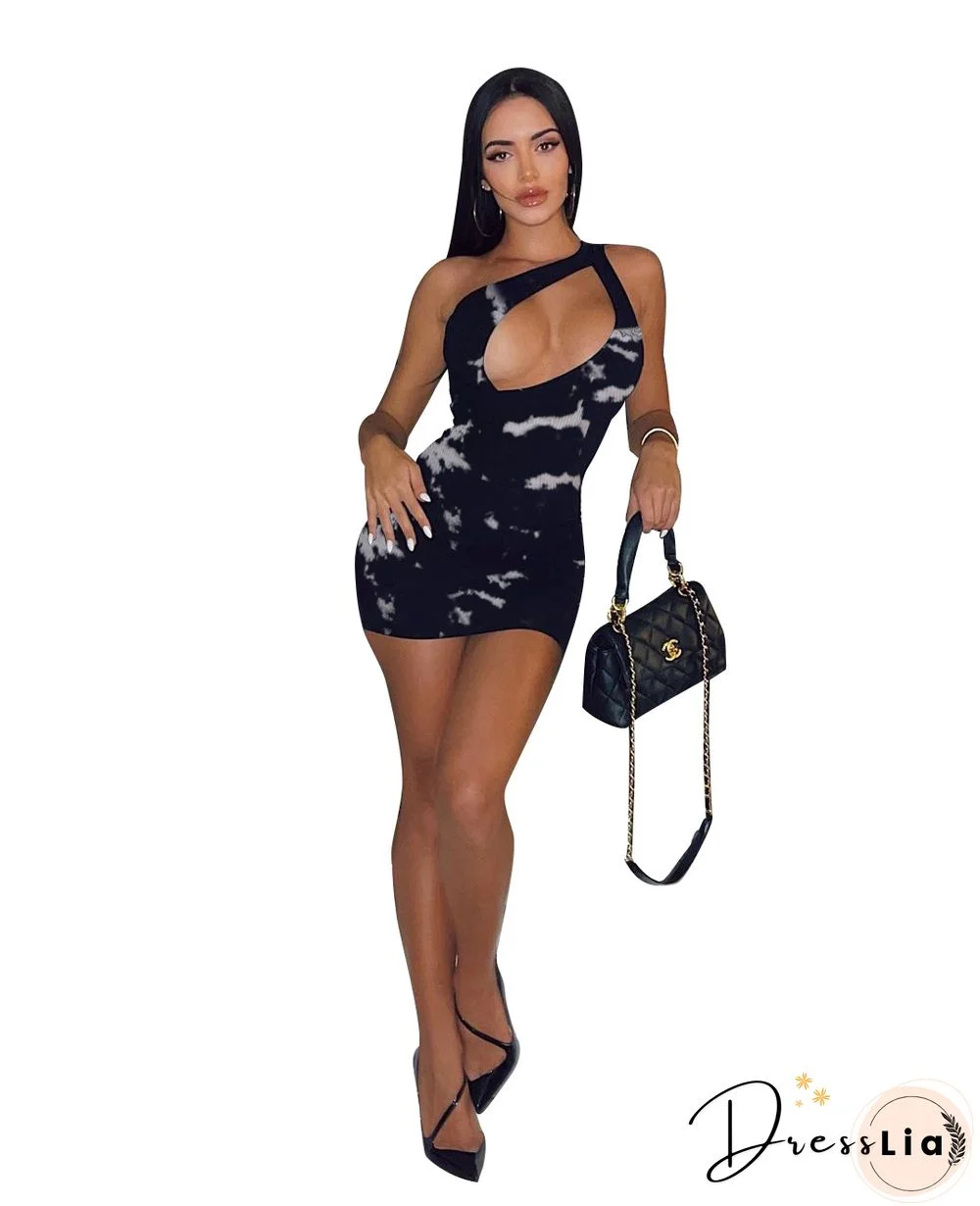 Summer Casual Sleeveless One Shoulder Hollow Cut Out Tie-Dye Bodycon Women Mini Dress