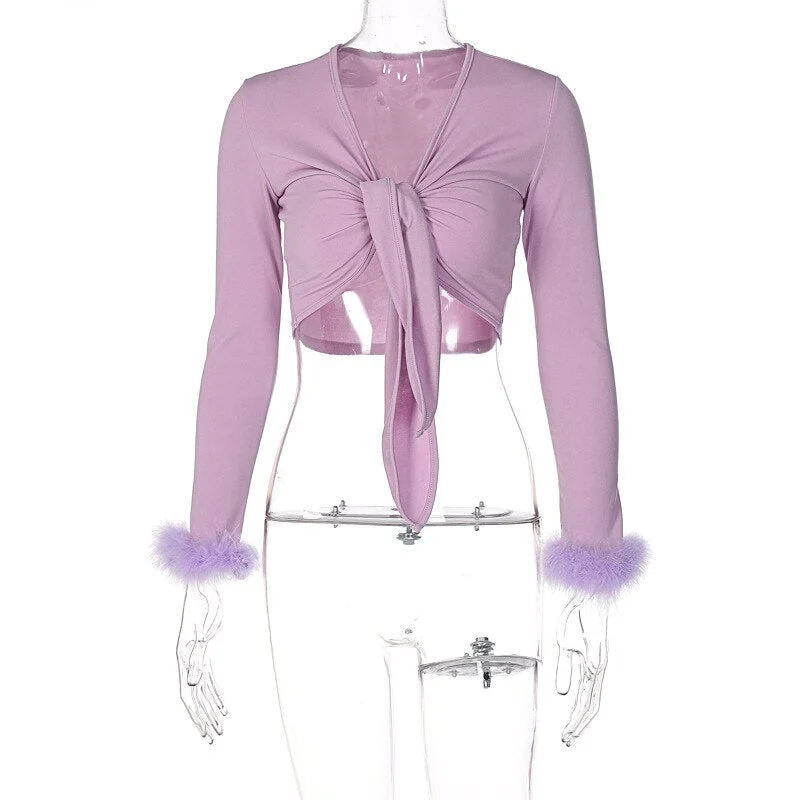 Hugcitar 2019 long sleeve fur V-neck wrapped bandage sexy crop tops autumn winter women streetwear club party outfits T-shirts