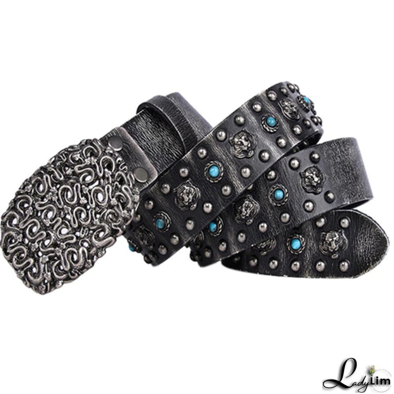 Western Style High quality western snake design buckle men's leather belt fashion jeans punk style belt willow nail retro snake buckle belt