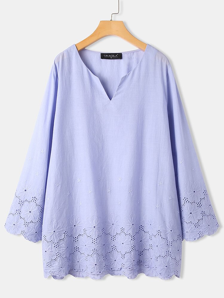 Solid Color Floral Embroidered Long Sleeve Casual Blouse for Women P1802974