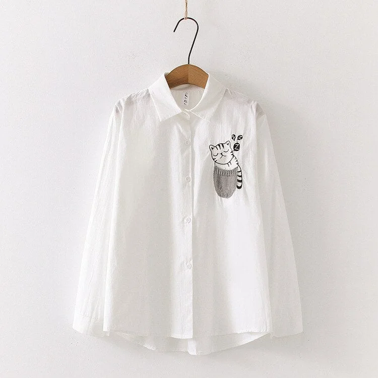 Cat Embroidery White Shirts Women Plaid Blouses And Striped Tops Cartoon Long Sleeve Loose Girls Clothes College Style