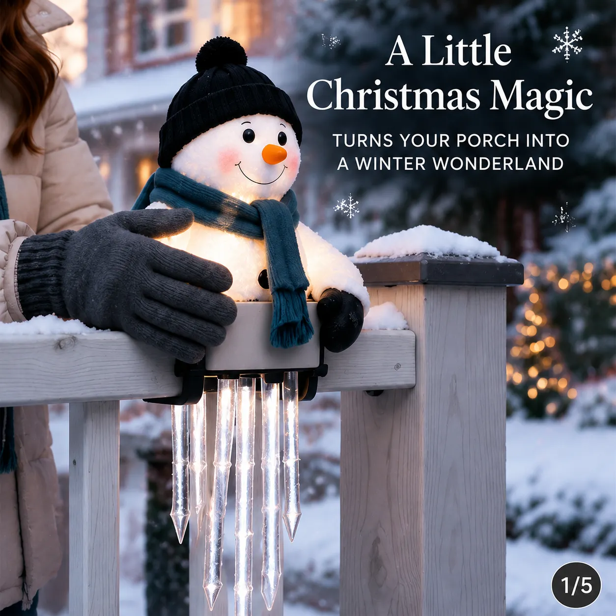WinterGlow Snowman Icicle Light Decor on a snowy porch railing