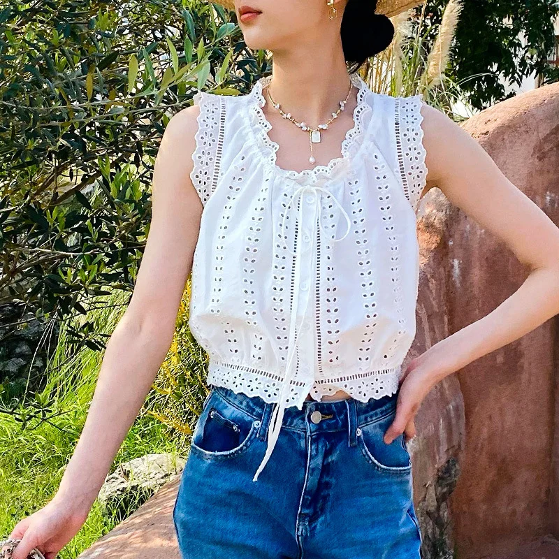 Uveng Uveng New White Embroidered Small Top Women's French Design Small Design Small Shirt Women's Sleeveless Waistcoat Cotton