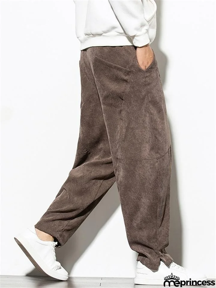 Mens Corduroy Elastic Waist Drawstring Loose Harem Pants