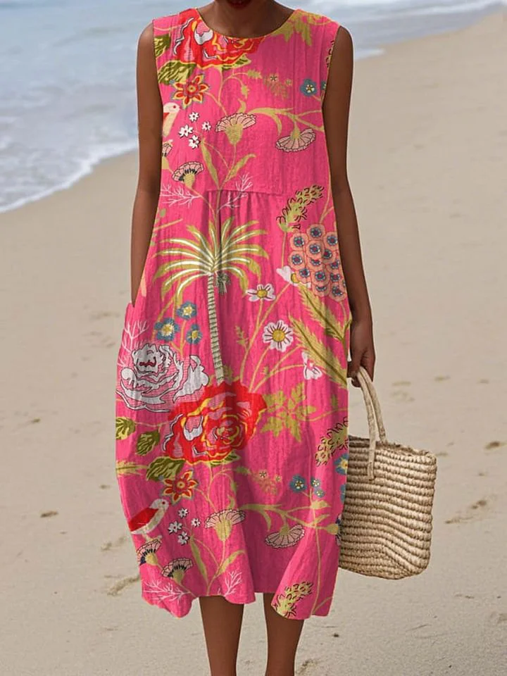 Women's Vintage Floral  Art Print Sleeveless Cotton Pocket Wrap Dress
