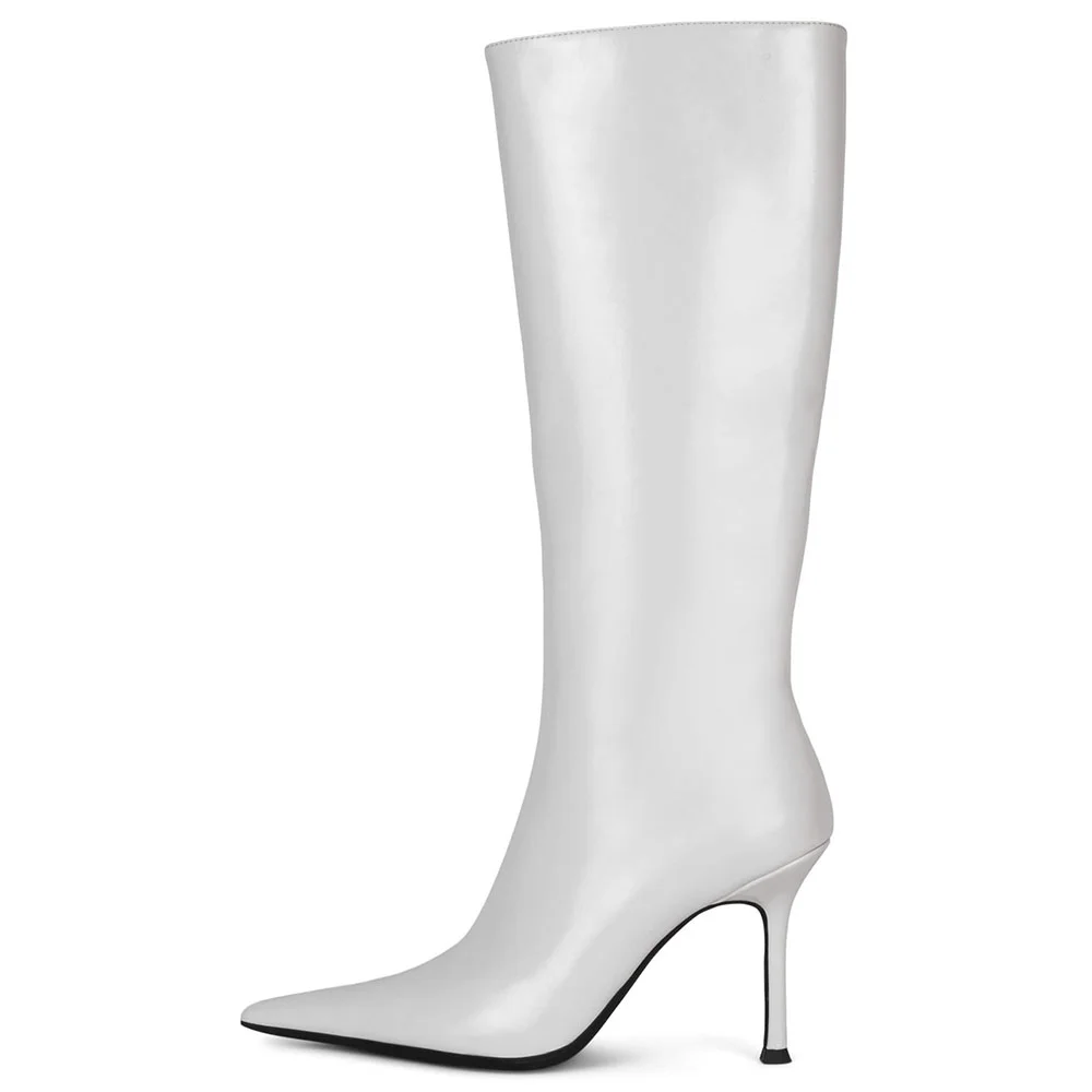 White Pointed Toe Wide Calf Knee High Boots with Chunky Heels Nicepairs