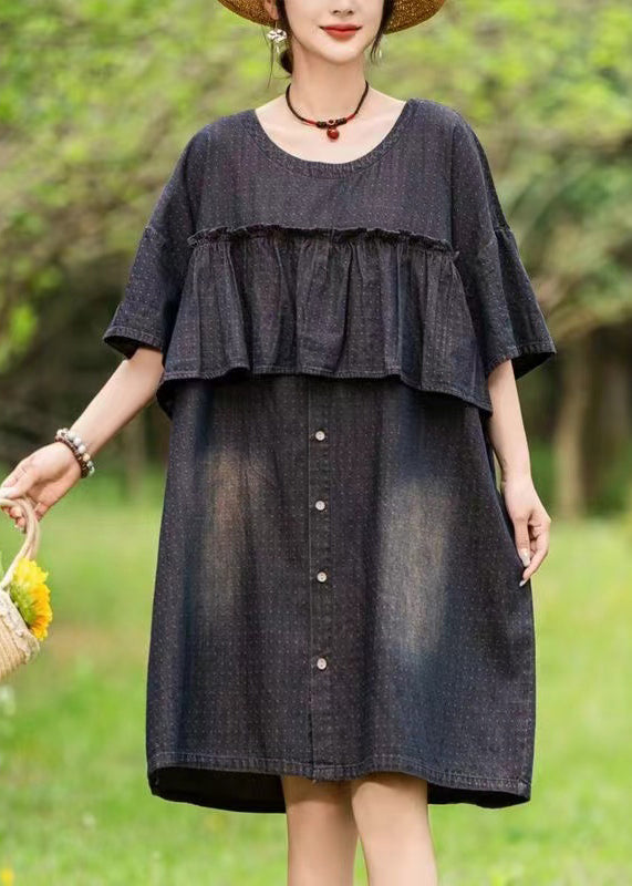 VCSHOES Loose Black O-Neck Ruffled Print Denim Dress Summer