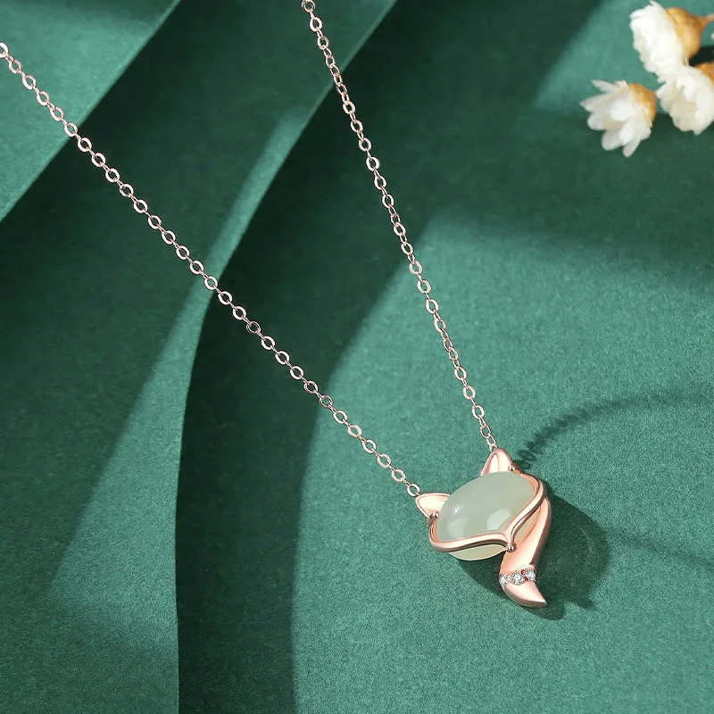 925 Sterling Silver Natural Hetian Jade Fox Luck Necklace Pendant