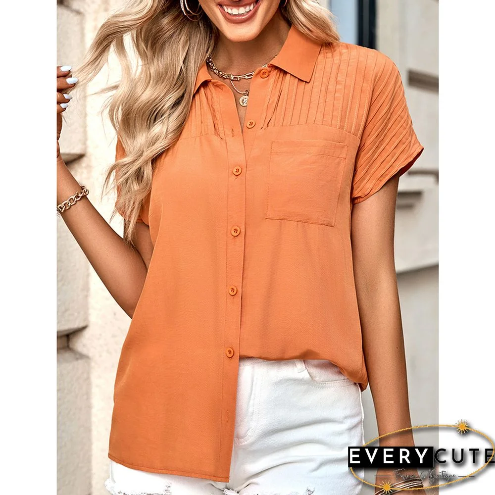 Orange Lapel Button Short Sleeve Pocket Shirt
