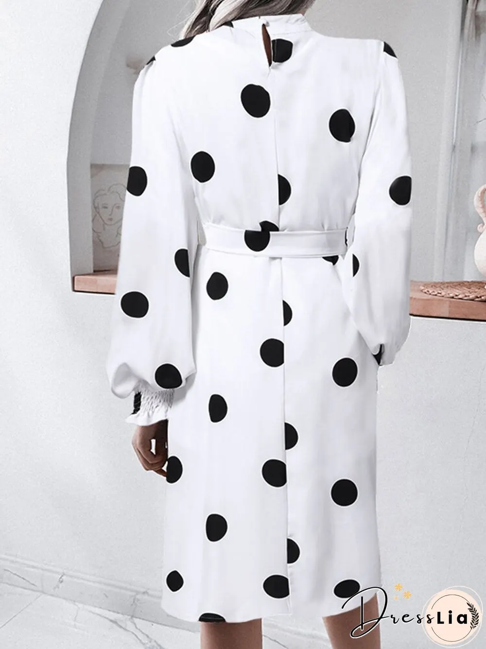 Dot Print Puff Long Sleeve Shirred Stand Collar Dress With Belt