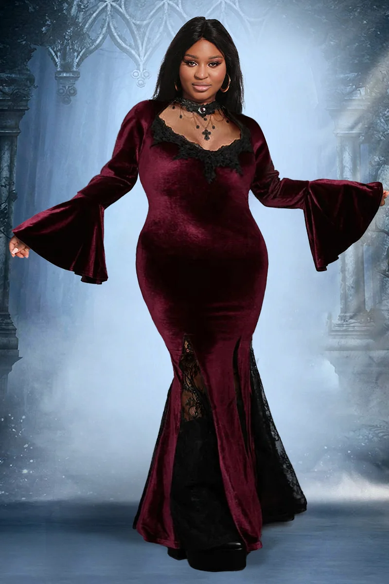 Xpluswear Design Plus Size Halloween Costume Gothic Black Velvet Witches  Maxi Dress (Without Gloves)Ships 24h - Xpluswear.com