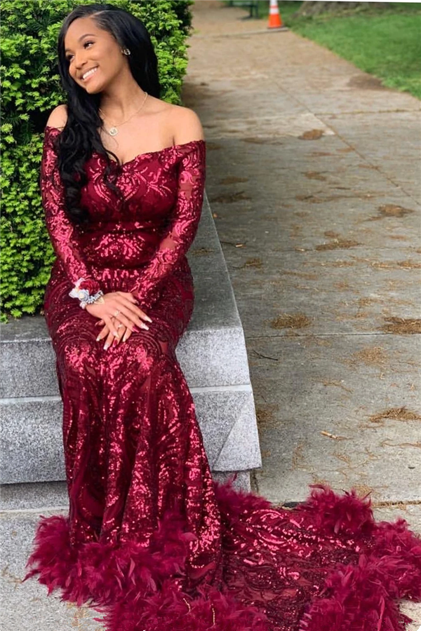 Long Sleeves Burgundy Mermaid Prom Dress Sequins With Feather PD0623