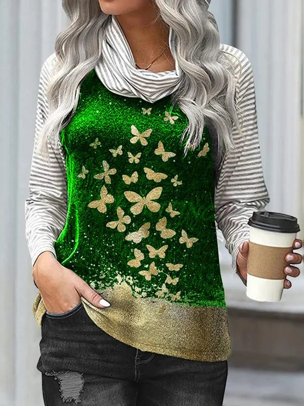 Women Long Sleeve Scoop Neck Striped Stitching Top