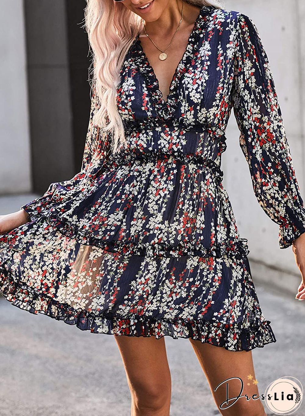 Ditsy Floral Prints Ruffle Edge Tiered Long Sleeve Boho Dress