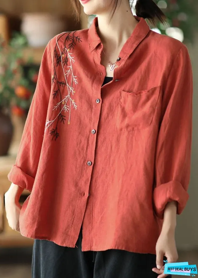 Vintage Red Peter Pan Collar Patchwork Linen Blouses Spring