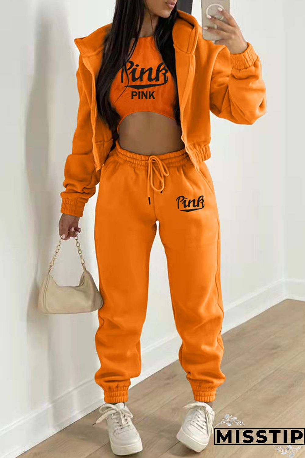 Burgundy Fashion Casual Letter Print Cardigan Vests Pants Hooded Collar Long Sleeve Three-piece Set