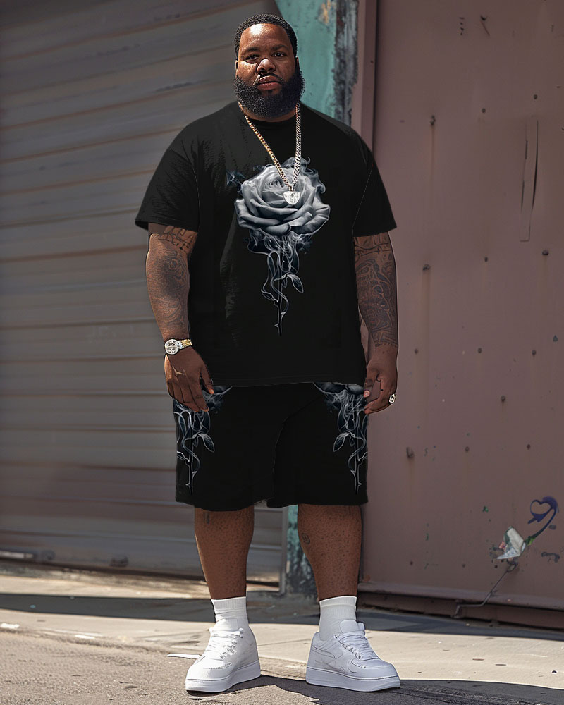 Men's Plus Size Street Casual Rose Print T-Shirt Shorts Set