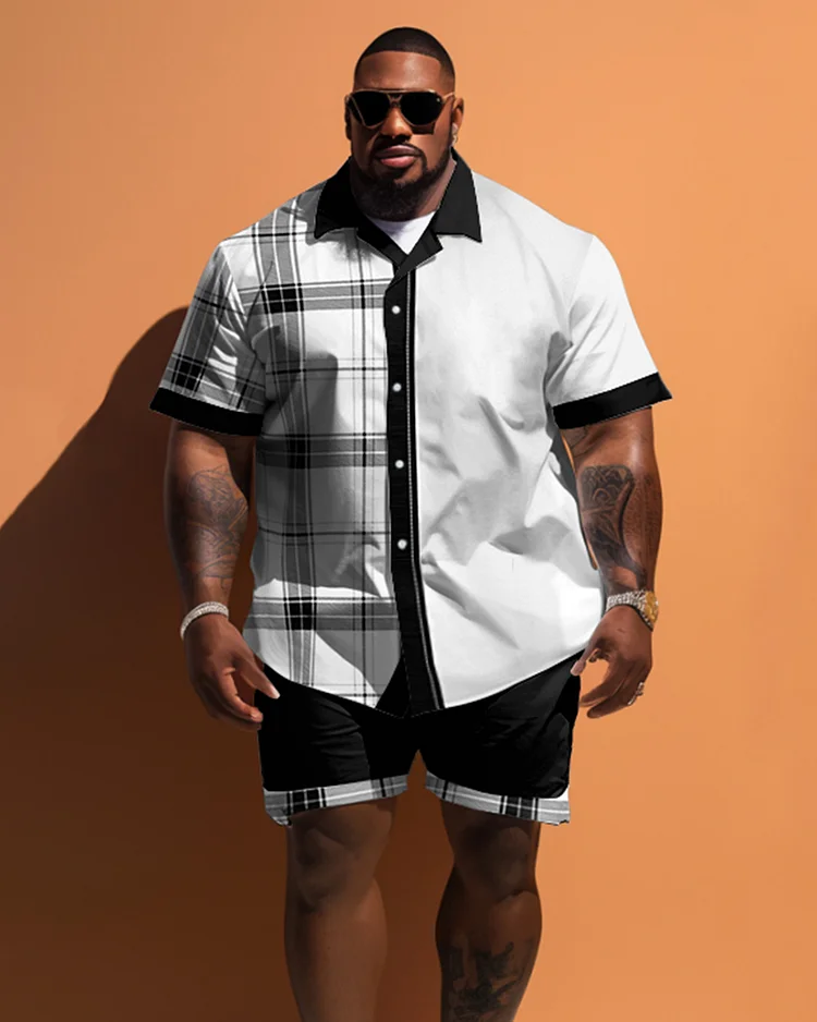 Men's Large Size Stitching Simple Plaid Pattern Short Sleeve Shirt Shorts Set