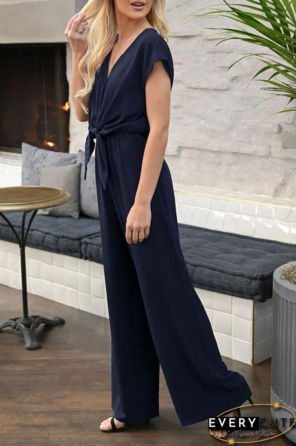 V-neck Short Sleeve Knotted Jumpsuit P16319