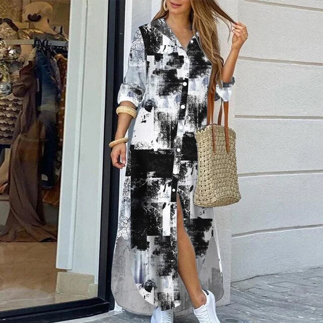 Elegant Women Button Down Long Shirt Dress Summer Letters Print Lapel Neck Party Dress Lady Long Sleeve Maxi Beach Dress Vestido