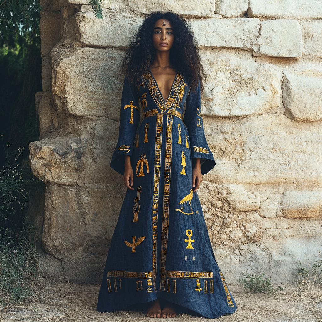 Vintage Egyptian Ankh Symbol Art Women's Linen V Neck Maxi Dress