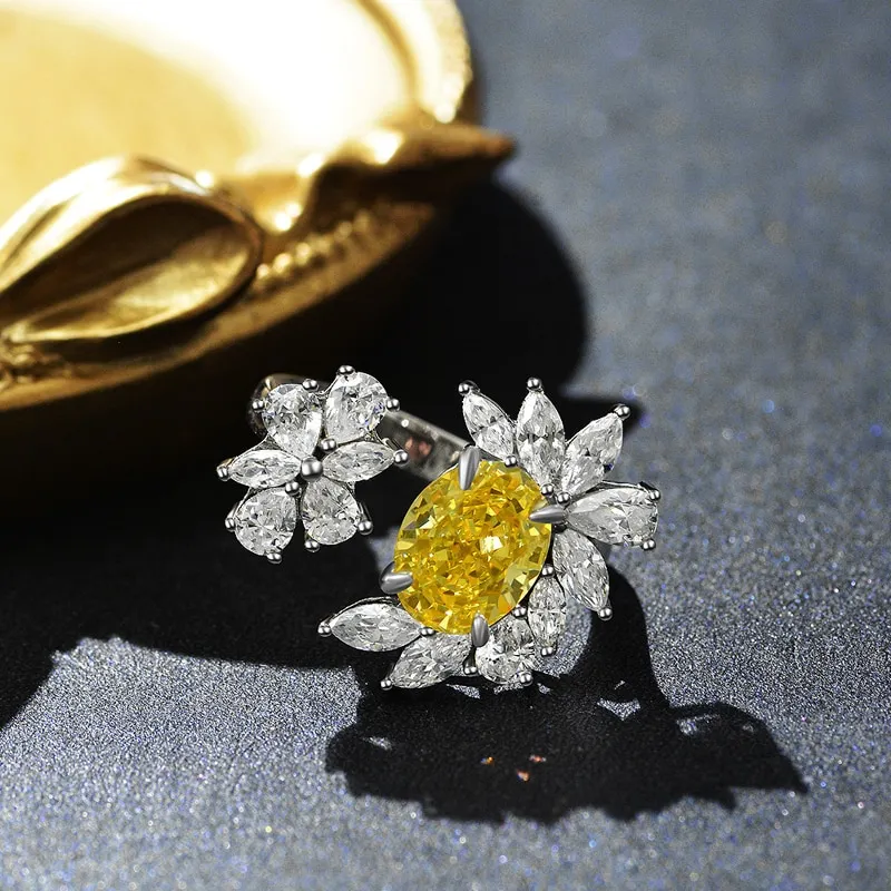 100% 925 Sterling Silver 7*9mm Oval Padma Aquamarine Yellow High Carbon Diamond Flower Rings For Women Party Fine Jewelry