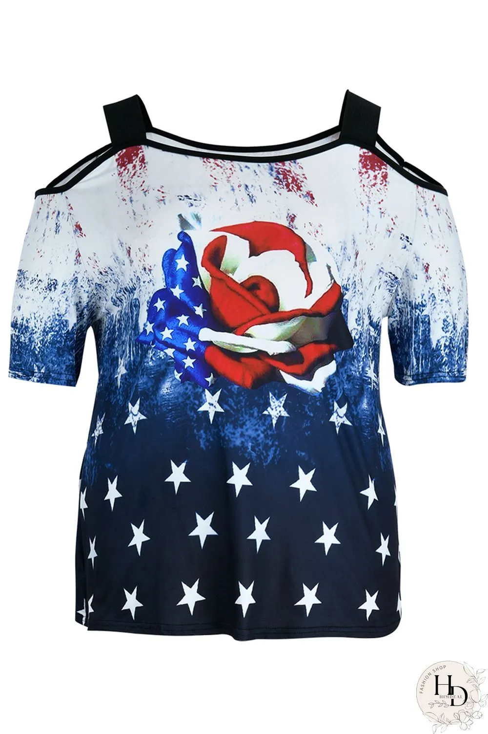 White Blue Red Fashion Casual Print Patchwork Off the Shoulder Plus Size Tops